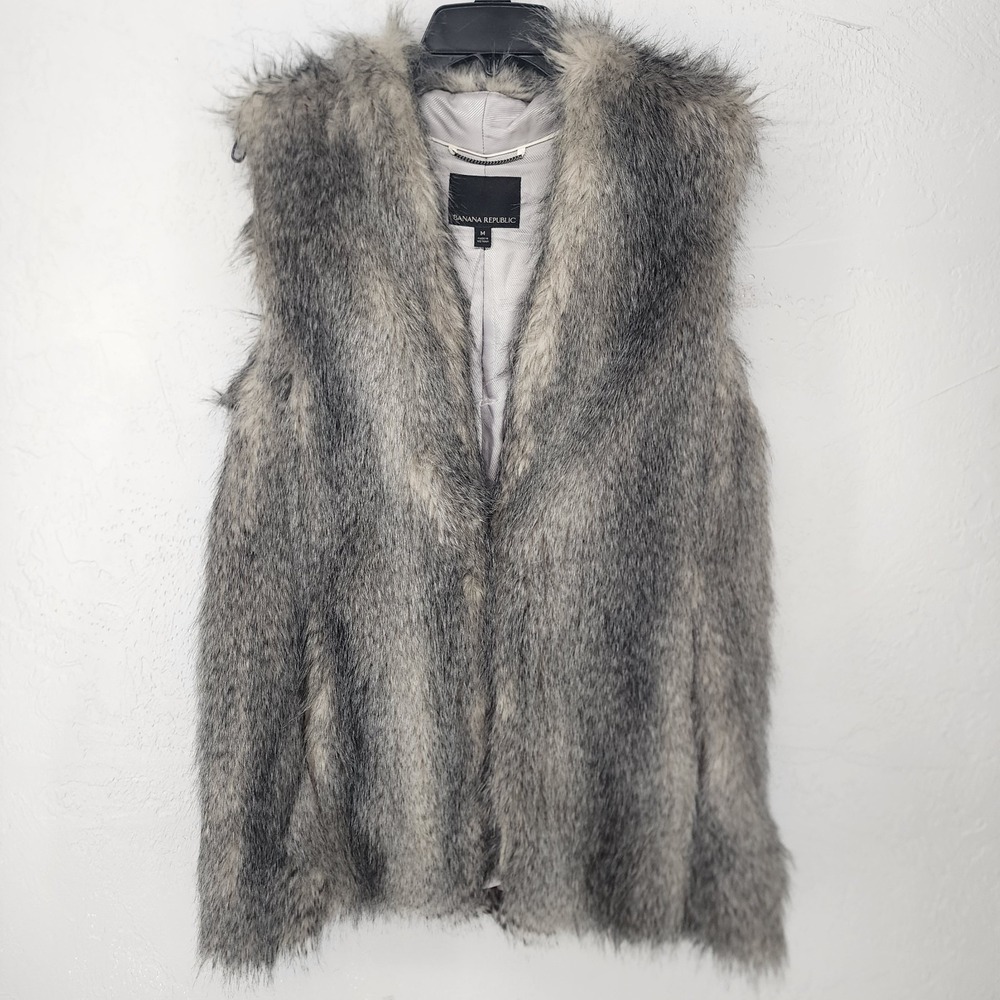 Banana Republic Womens Gray Faux Fur Vest Glam Winter Outerwear Size Medium